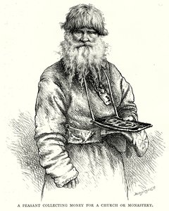 En bonde samlar in pengar till en kyrka eller ett kloster (gravyr) av English School