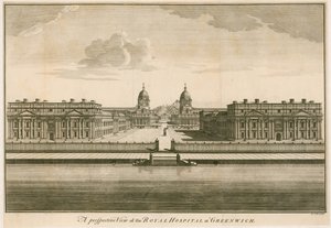 En perspektivvy av Royal Hospital i Greenwich, London av English School