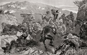 En piket av 13:e husarer överraskade nära Tugelafloden, Hussar Hill, KwaZulu-Natal-provinsen under andra boerkriget, från "Sydafrika och Transvaalkriget", av Louis Creswicke, publicerad 1900 (litho) av English School