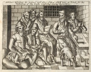 En bild som beskriver sättet och platsen för dem som var i band för sanningens vittnesbörd, konfererande sinsemellan, illustration från Acts and Monuments av John Foxe, nionde upplagan, pub. av English School