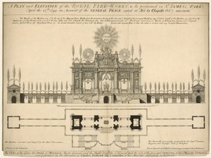 En plan och höjd av Royal Fireworks som ska framföras i St James