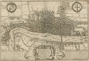 En plan över London, Westminster och Southwark som de undersöktes under drottning Elizabeths regeringstid av English School