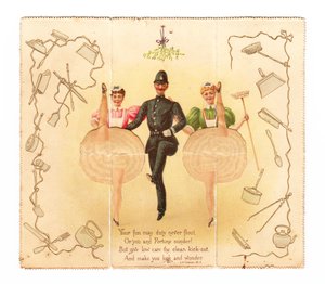 Ett pop up-kort med en polis och två kvinnor som gör en hög spark, ca 1920 (färglitografi) av English School