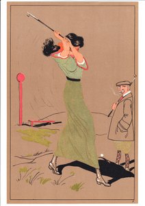 Ett tryck av två golfare i komiska och humoristiska ställningar, ca 1920 av English School