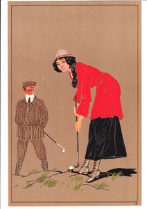 Ett tryck av två golfare i komiska och humoristiska ställningar, ca 1920 av English School