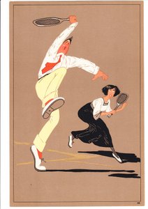 Ett tryck av två tennisspelare i komiska och humoristiska ställningar, c.1920 av English School