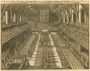 En utsikt över insidan av Westminster Hall som visar hur kungen och drottningen, med adeln och andra, satt vid middagen på kröningsdagen av English School