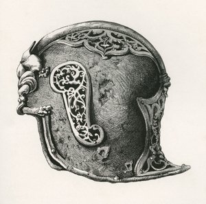 En sallet, aka salade eller schaller krigshjälm, A.D. 1450, från The British Army: Its Origins, Progress and Equipment, publicerad 1868. av English School