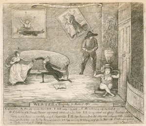 En scen ur F Reynolds burlesk Werter, först uppfördes på Covent Garden Theatre, London, den 14 mars 1786 av English School