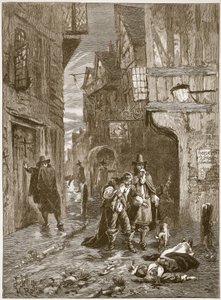 En gata i London under den stora pesten, illustration från Cassells Illustrated History of England (sepiafoto) av English School