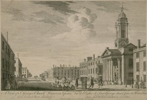 En vy av St Georges Church, Hanover Square, från Conduit Street, London