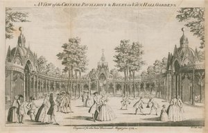 En vy av de kinesiska paviljongerna och lådorna i Vauxhall Gardens, London av English School