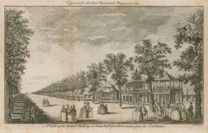 En vy av Grand Walk i Vauxhall Gardens, London, tagen från entrén av English School