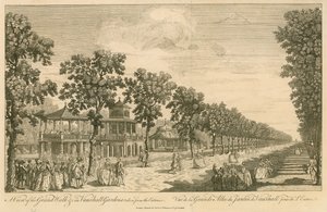 En vy av Grand Walk i Vauxhall Gardens, London, tagen från entrén av English School