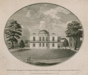 Eine Ansicht der sehr eleganten, angenehmen und viel bewunderten Lodge des Rangers im Green Park, St. James von English School