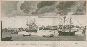 En vy över Themsen mot London, tagen från Lord Ligoniers Head i Fishers Lane, Greenwich av English School