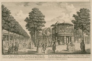 En vy av Vauxhall Gardens, London, som visar den stora promenaden vid ingången till trädgården och orkestern med musiken spelad av English School