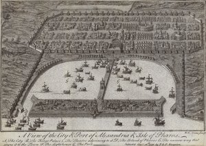 En vy över staden och hamnen i Alexandria och Isle of Pharos, Egypten, 1738 av English School
