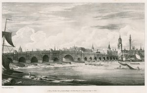 En vy över östra sidan av London Bridge år 1827 av English School