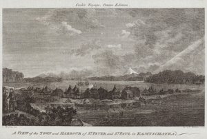 En vy över staden och hamnen i St Peter och St Paul i Kamtschatka av English School