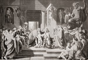 En ung Hannibal, beordrad av sin far Hamilcar Barca, att svära evig fiendskap till Rom, från Hutchinson