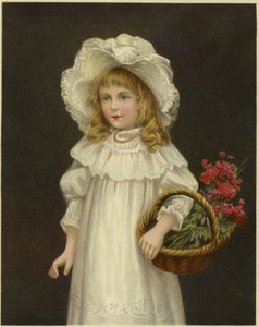 En ung flicka klädd i vitt håller en korg med röda blommor av English School