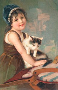 En ung flicka poserar med en katt av English School