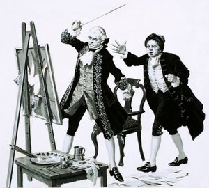 En ung man skar ett föga smickrande porträtt av sin far av Hogarth med ett svärd (gouache på papper) av English School