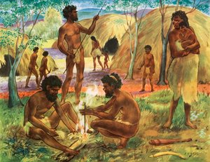 Aboriginer gör upp eld (färglitografi) av English School