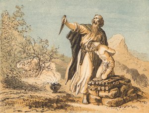 Abraham offrar Isak (färgad gravyr) av English School