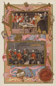 Tillträde av kung Edward VII: undertecknande av proklamationen; tillkännagivandet som görs (färg litho) av English School