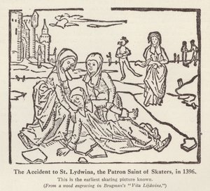 Olycka med St Lydwina, skyddshelgon för skridskoåkare, 1396 (litho) av English School