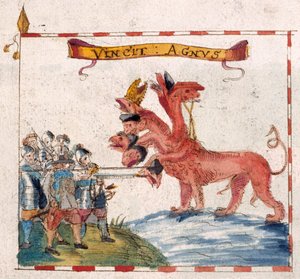 Lägg till. 12447, f.23v Parlamentariska soldater attackerar apokalypsens odjur, från 
