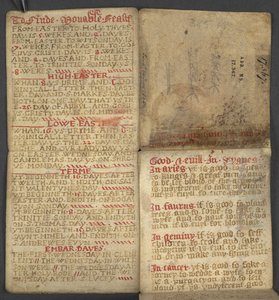 Lägg till. 17367, f.1r från Almanacka, innehållande tabell med dominikabokstäver och gyllene siffror; vägbeskrivningar för att hitta de rörliga festmåltiderna; helgonkalender, epoker, lista över engelska suveräner, väderprognoser, inflytande av zodiakens t av English School