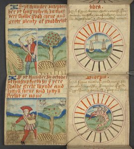 Lägg till. 17367, f.7r Vågen & Skorpionen, från Almanacka, innehållande tabell med dominiska bokstäver och gyllene siffror; vägbeskrivningar för att hitta de rörliga festmåltiderna; helgonkalender, epoker, lista över engelska suveräner, väderprognoser, påv av English School