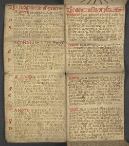 Lägg till. 17367, f.9r från Almanacka, innehållande tabell med dominikabokstäver och gyllene siffror; vägbeskrivningar för att hitta de rörliga festmåltiderna; helgonkalender, epoker, lista över engelska suveräner, väderprognoser, inflytande av zodiakens t av English School