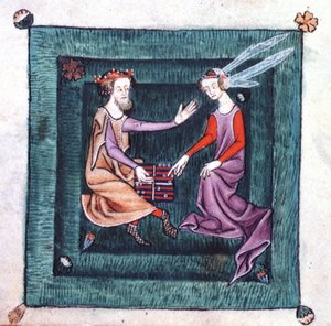 Lägg till 42130 fol.76v En kung och dam som sitter i en trädgård och spelar ett brädspel som liknar backgammon, från Luttrell Psalter, som började före 1340 för Sir Geoffrey Luttrell (vellum) av English School