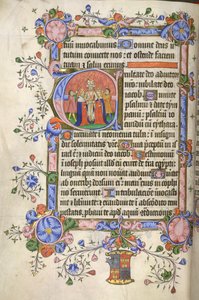 Lägg till. 42131 fol.151v Början av Psalm 80; initial "E": Davids och Michals äktenskap, båda krönta, från Bedford Psalter and Hours av English School