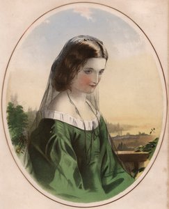 Adele - sorglig flicka i grön klänning, klädd i svart slöja (färg litho) av English School