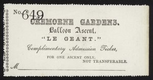 Inträdesbiljett till bestigningen av ballongen Le Geant från Cremorne Gardens, London av English School
