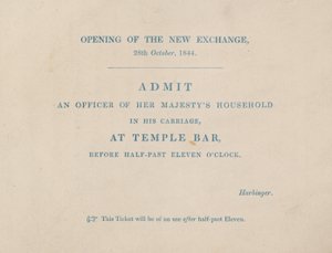 Entrébiljett till öppnandet av den nya Royal Exchange, London, den 29 oktober 1844 av English School