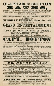 Annons för Clapham and Brixton Baths, Ferndale Road, Shepherds Lane, Brixton, London; med kapten Boyton av English School