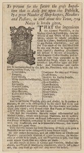 Annons för Edward Pinchbeck, Musical Clock, Fleet Street, London, från 1734 av English School