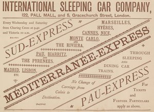 Annons för International Sleeping Car Company, 122 Pall Mall och 5 Graceshurch Street, 1888 av English School