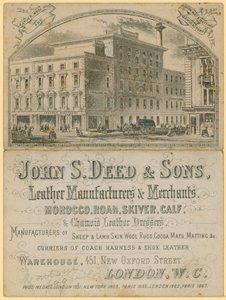 Annons för John S Deed & Sons, lädertillverkare och handlare, 451 New Oxford Street, London av English School