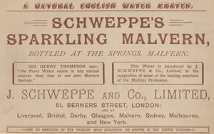 Annons för Schweppes Sparkling Malvern, buteljerad vid källorna, Malvern av English School
