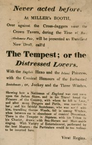 Annons för The Tempest; eller, The Distressed Lovers, uppträdde på Millers Booth, Cross Daggers, nära Crown Tavern av English School