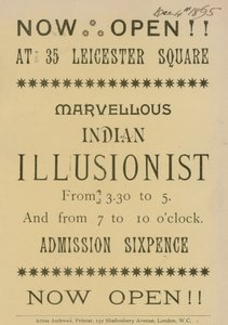 Annons för en indisk illusionist som dyker upp på 35 Leicester Square, London av English School