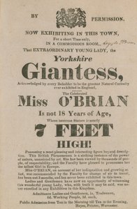 Annonsera för ett framträdande av Miss OBrian, Yorkshire Giantess av English School
