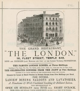 Annons för den storslagna restaurangen The London, 191 Fleet Street, Temple Bar av English School